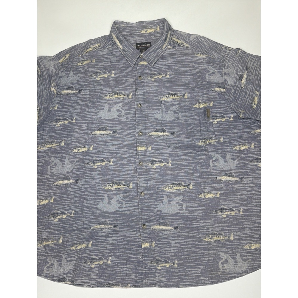 Woolrich Mens 2XL Short Sleeve Button Down Shirt Fish Pattern Casual Fishing